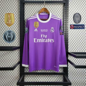 Camisa Real Madrid 2016/17 roxa retrô, manga longa, com ou sem patch