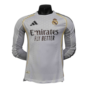 Camisa Real Madrid I 25/26 manga longa - Jogador Adidas Masculina - Branca com detalhes em amarelo