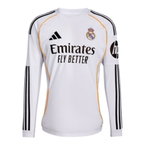 Camisa Real de Madrid I 25/26 manga longa - Torcedor Adidas Masculina - Branca com detalhes em cinza e amarelo